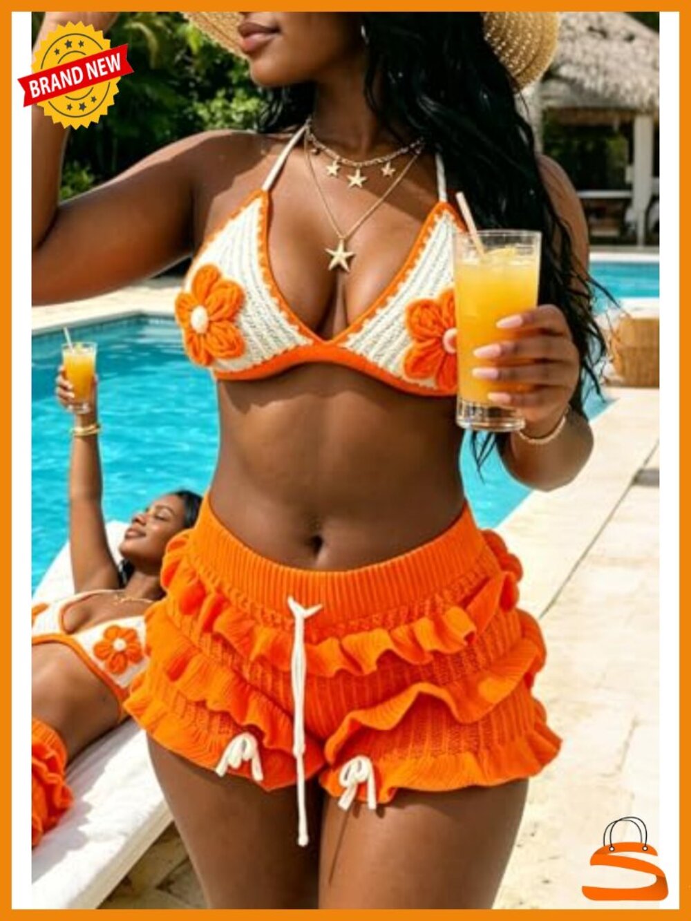 Crochet Bikini Shorts Set Halter Triangle Top Ruffled High Rise - Picture 3 of 5